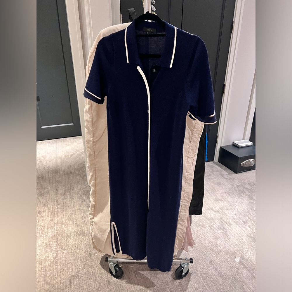 J. Crew navy sweater dress with cream trim.